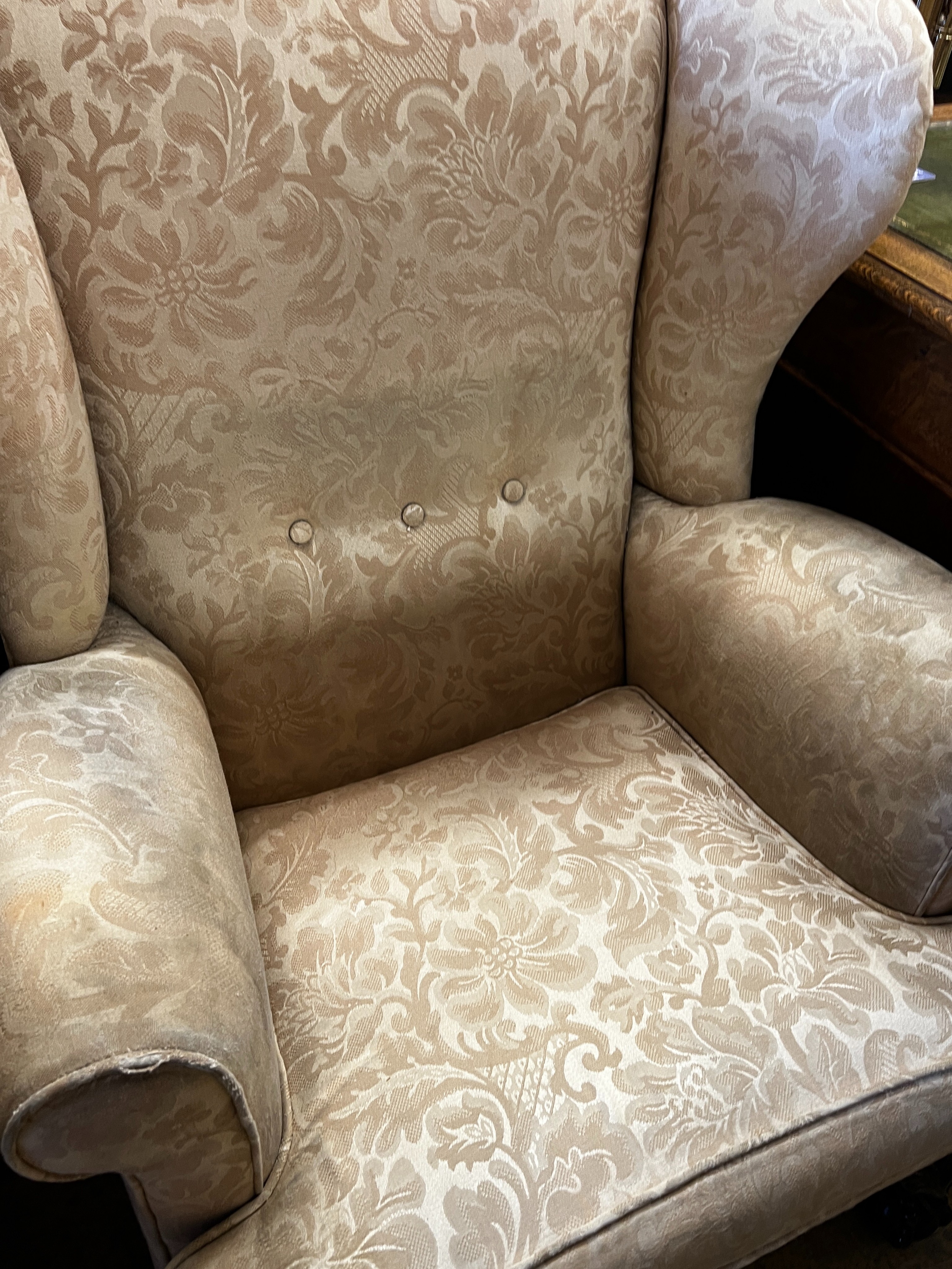 An early 20th century George III style upholstered armchair, width 80cm, depth 74cm, height 104cm